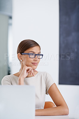 Buy stock photo Woman, teacher and thinking by laptop at work, education and contemplating school curriculum. Female person, ideas and internet for online research in classroom, knowledge and planning for lesson