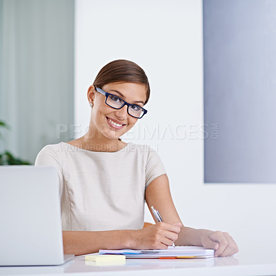 Buy stock photo Woman, teacher and laptop for notes in portrait, education and working on school curriculum. Female person, ideas and internet for research in classroom, problem solving and journal for lesson plan