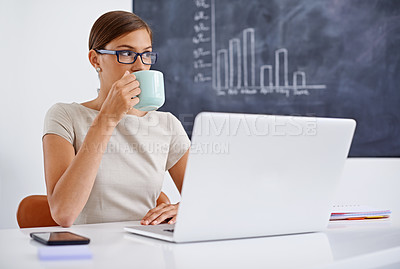 Buy stock photo Teacher, woman and laptop with coffee in classroom with drink for planning, thinking or idea at academy. Person, computer and vision by blackboard, tea and research for education, learning or school