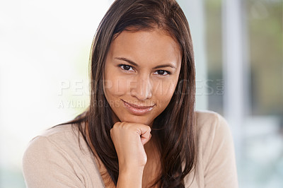 Buy stock photo Happy woman, portrait and face with confidence or hand on chin in natural beauty at home. Female person, brunette or casual model with smile in relax for positive attitude or satisfaction at house