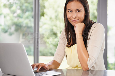 Buy stock photo Happy woman, portrait and laptop with confidence for communication, networking or typing email at home. Female person or freelancer with smile on computer for online browsing or research at the house