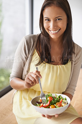 Buy stock photo Happy woman, portrait and bowl with salad for diet, natural nutrition or healthy eating at home. Face of female person or vegetarian with smile for fruit or vegetables in health and wellness at house