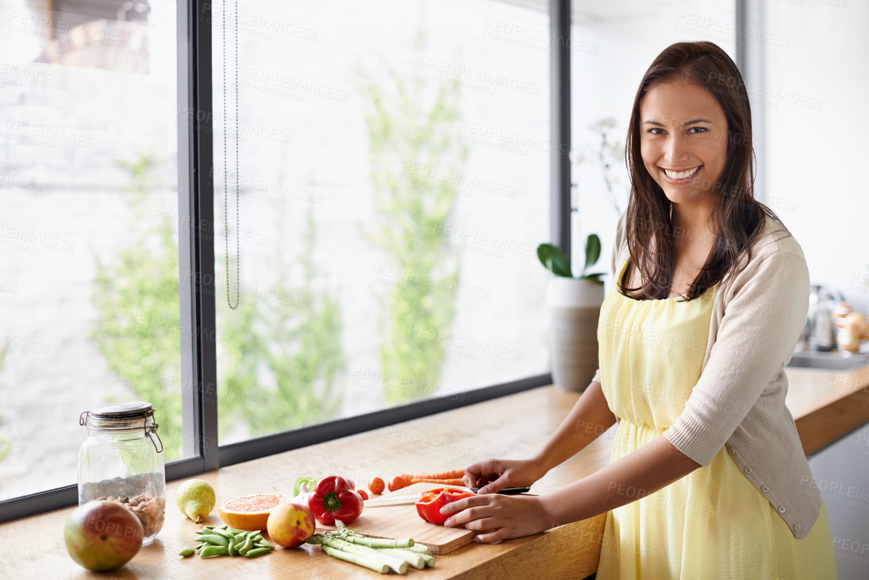 Buy stock photo Happy woman, portrait and cutting with vegetables for natural nutrition, diet or preparing healthy food at home. Female person or vegetarian with smile for organic meal, salad or wellness in kitchen