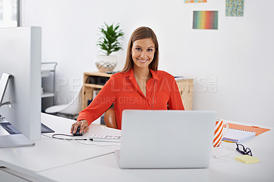 Buy stock photo Professional, portrait and happy woman at computer or desktop in office with creative web developer. Website, designer or person with research on internet for development of company software and erp 