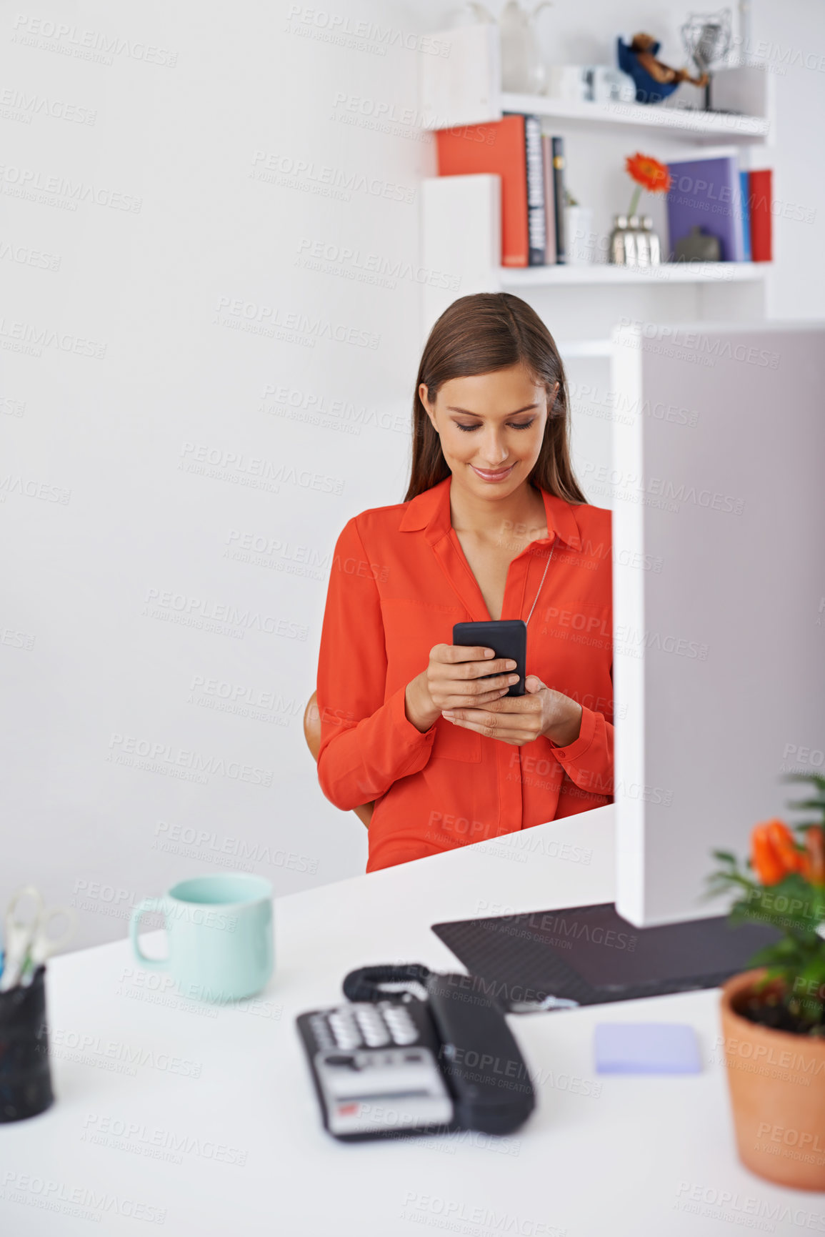 Buy stock photo Woman, smartphone and chat at desk for communication, social media and browsing on break at startup. Reading email, contact and using phone for mobile app, connectivity and network at the office