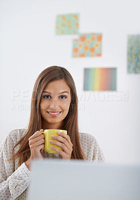 Buy stock photo Happy, woman and portrait on coffee break in office and relax with drink at desk in London. Professional, person and enjoy green tea or latte with espresso in morning at workplace for calm moment