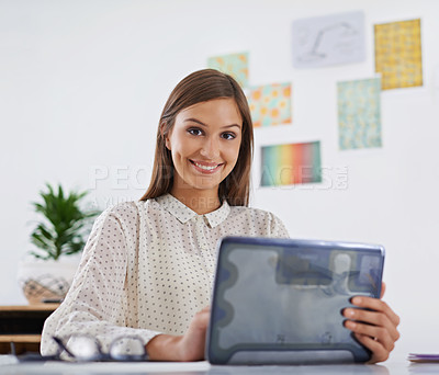 Buy stock photo Professional, portrait and happy woman with tablet at desk in office or creative web developer. Website, designer or person with research on internet for development of company site and application
