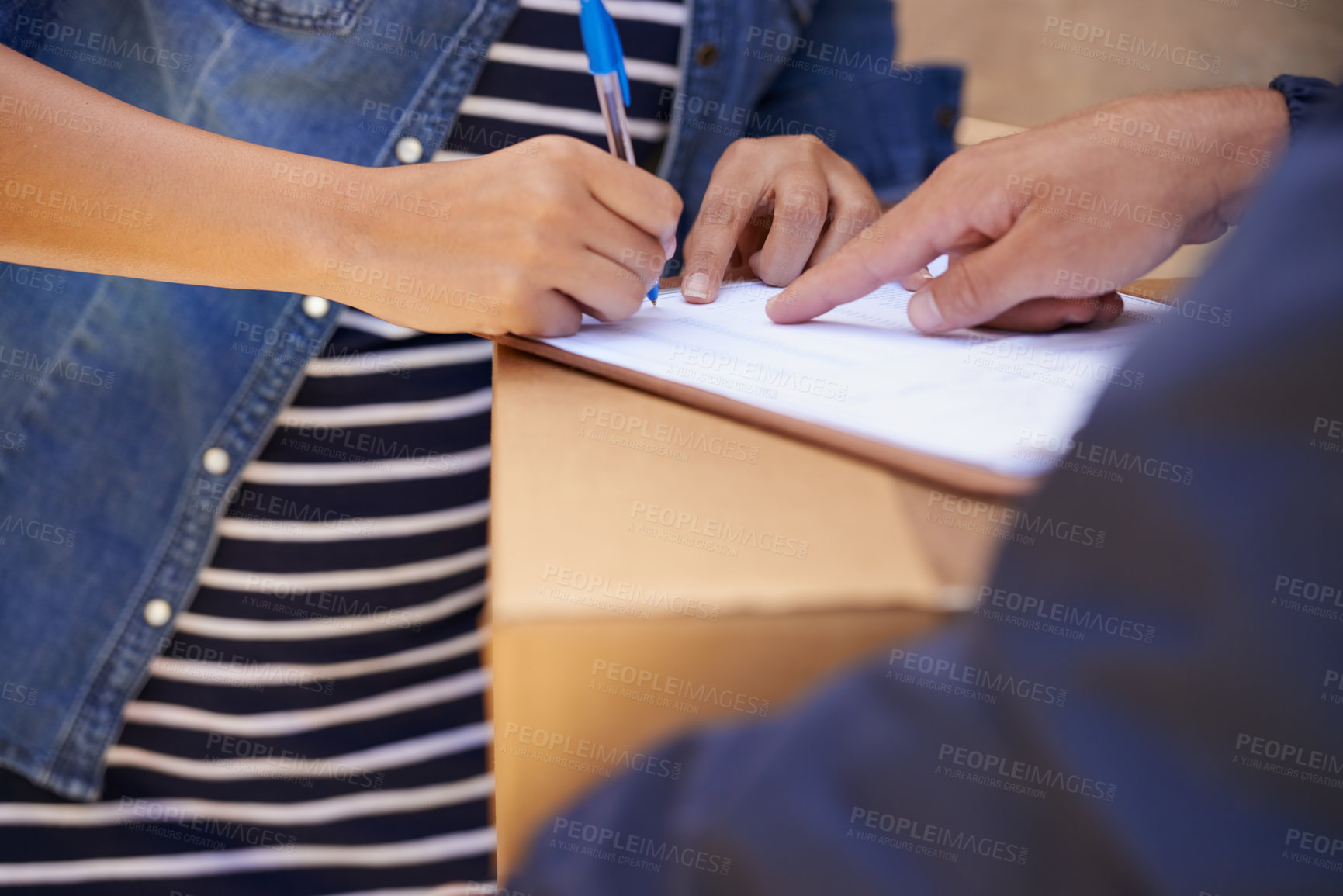 Buy stock photo Woman, hands and signature for package, delivery and shipping order with paperwork and parcel. Cardboard box, sign and courier with document, form and service of distribution worker with customer