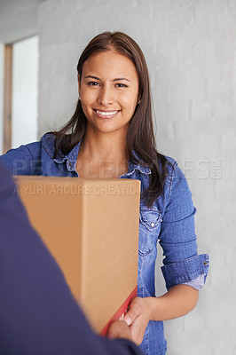 Buy stock photo Woman, package and portrait with delivery, order and moving box for real estate and property. Cardboard, shipping and giving with smile and happy homeowner with courier service and customer at home