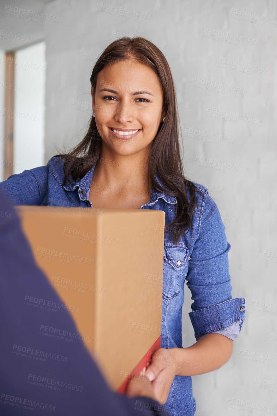 Buy stock photo Woman, package and portrait with delivery, order and moving box for real estate and property. Cardboard, shipping and giving with smile and happy homeowner with courier service and customer at home