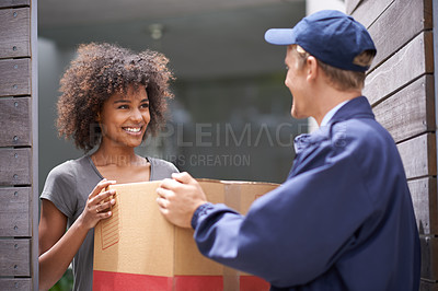 Buy stock photo Courier, home and delivery box with woman and package with a smile from shipping order. House, happy and shipment with man giving a cardboard parcel from moving company with distribution service