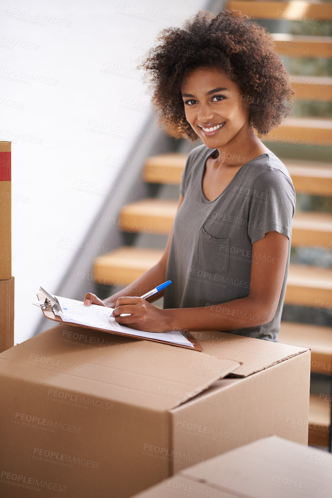 Buy stock photo Courier, portrait and delivery box with black woman sign for package with a smile from shipping order. House, happy and shipment with signature with cardboard parcel from moving company with new home