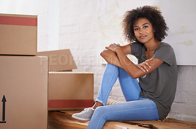 Buy stock photo Moving, woman and portrait with new home, box and package for real estate property and courier parcel. Cardboard, delivery and African female person with packing in a house with a relax homeowner