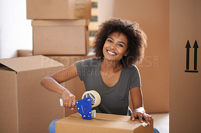 Buy stock photo Moving, woman and portrait with packing for new home, box and package for real estate property and parcel. Cardboard, delivery and African female person with tape in a house with a happy homeowner