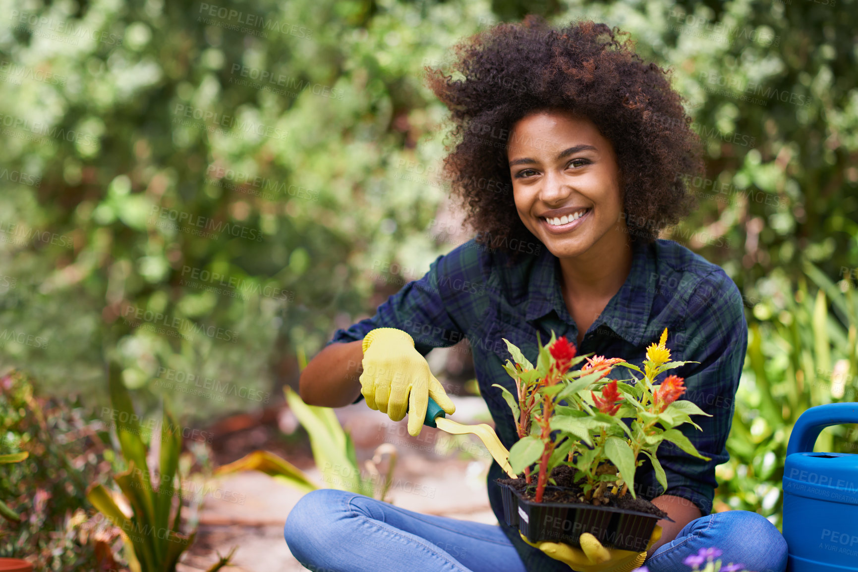 Buy stock photo Portrait of a happy young woman and her tray of plants for the garden