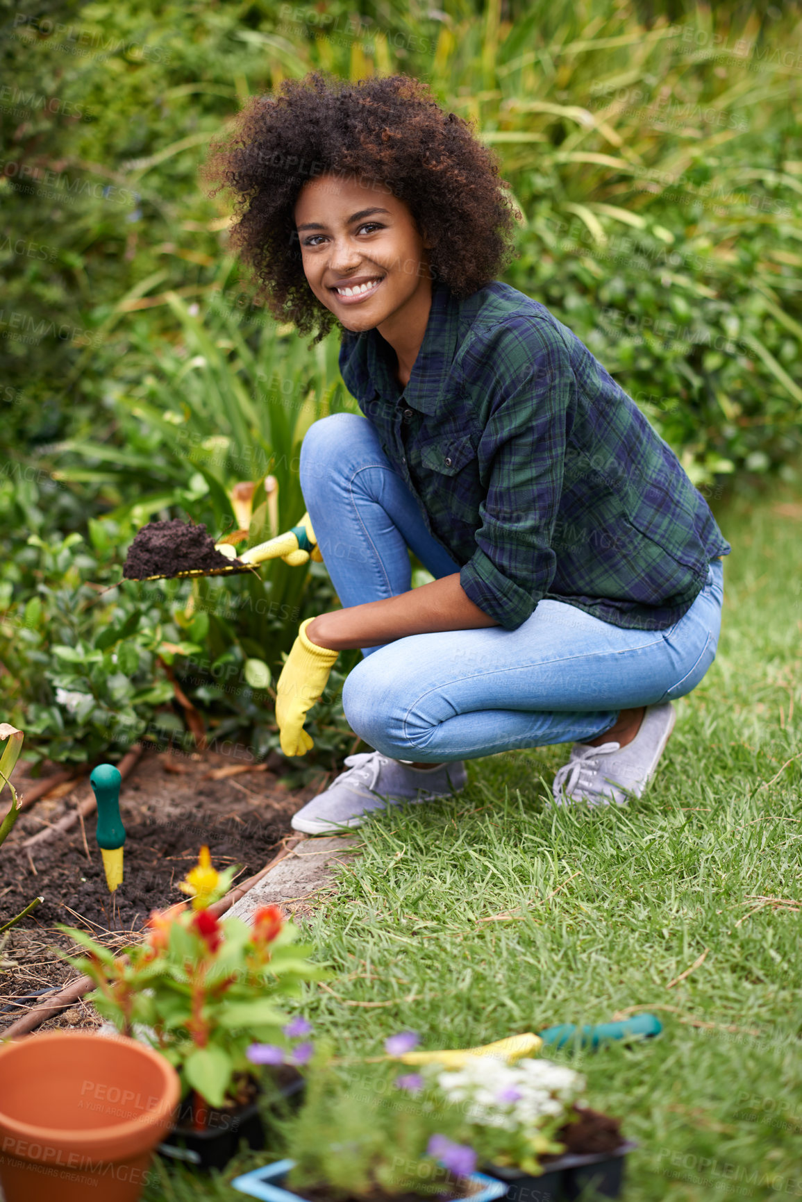 Buy stock photo Portrait of a happy young woman planting flowers in the garden