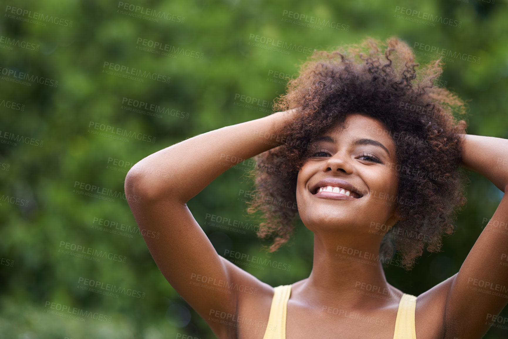 Buy stock photo Happy, relax and portrait of black woman in nature for wellness, fresh air and confidence outdoors. Smile, joy and face of person in park, garden and countryside for holiday, vacation and weekend