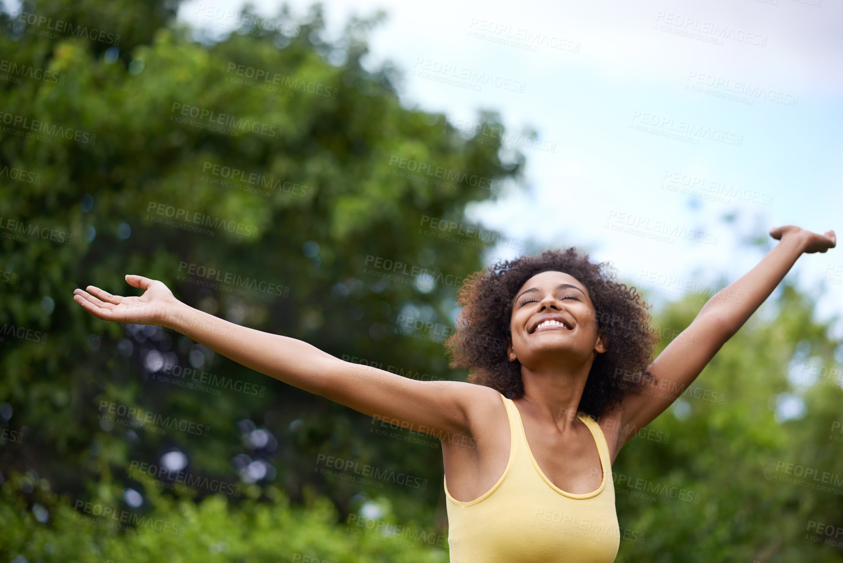 Buy stock photo Happy, open arms and black woman in park for freedom, adventure and relax in nature. Smile, excited and person with happiness, positive attitude and fun outdoors for holiday, vacation and weekend