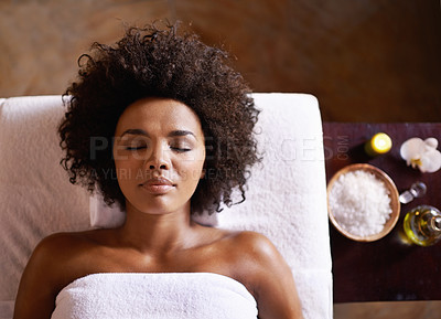 Buy stock photo Top view, spa and massage with black woman, vacation and wellness with luxury and treatment with stress relief. African person, client or girl with health and weekend break with grooming and relaxing