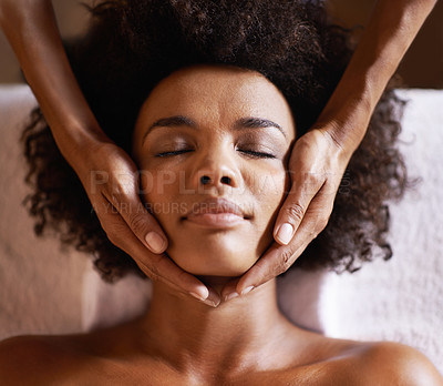 Buy stock photo Woman, spa and massage hands on face with towel, facial and treatment for wellness and care. Skincare, relax and calm African female person with skin glow and natural beauty at hotel or resort