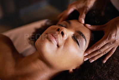 Buy stock photo Woman, face and massage with hands and reflexology for facial, spa wellness and beauty treatment on bed. Skin, towel and calm african female person with skincare and relax at hotel with glow 