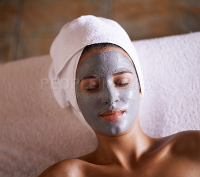 Buy stock photo Woman, wellness and mask in spa for skincare, beauty and cosmetic treatment for break or peace. Young person and natural for holistic therapy for facial clean and hygiene with product for peel
