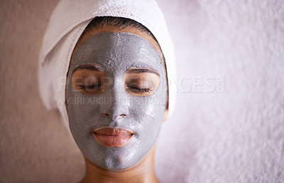 Buy stock photo Woman, mask and facial in spa for skincare, beauty and cosmetic treatment for break or peace. Young person and natural for holistic therapy for wellness, clean and hygiene with product for peel
