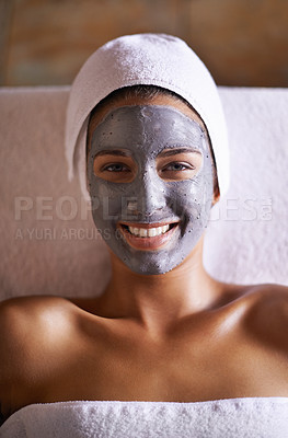 Buy stock photo Woman, relax and facial in spa for beauty, care and cosmetic treatment for break or peace. Young person and natural for holistic therapy for skincare, clean and hygiene with product  for peel