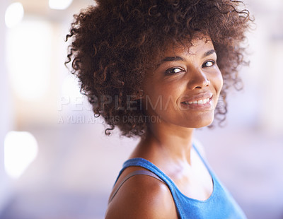 Buy stock photo Woman, portrait and happiness in fashion with lens flare, natural beauty and casual outfit in summer. African person, face and smile with afro hairstyle, wellness or trendy style with bokeh in Africa