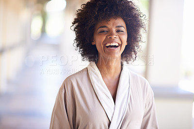 Buy stock photo Woman, smile and portrait in spa for relax, beauty and cosmetic treatment for break and skincare. African person and happy for holistic and wellness care for hygiene, clean and natural in robe
