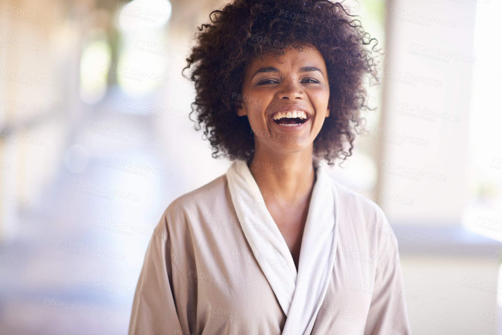 Buy stock photo Woman, smile and portrait in spa for relax, beauty and cosmetic treatment for break and skincare. African person and happy for holistic and wellness care for hygiene, clean and natural in robe