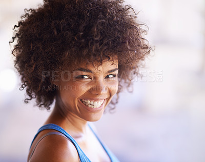 Buy stock photo Woman, portrait and laughing in fashion with hair care, natural beauty and casual outfit in summer. African person, face and happy with afro hairstyle, wellness or trendy style with bokeh in Africa