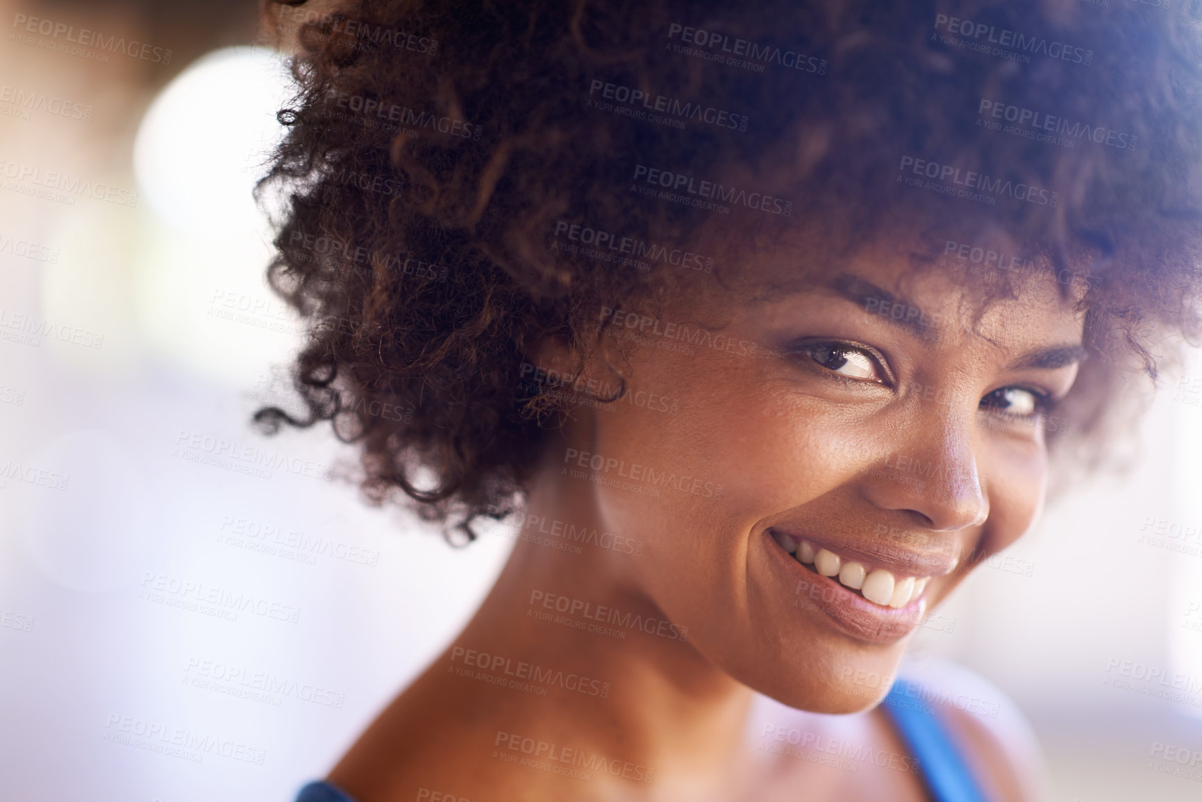 Buy stock photo Woman, portrait and smile in fashion with bokeh, natural beauty and casual outfit in summer. African person, face and happiness with afro hairstyle, wellness or trendy style with lens flare in Africa