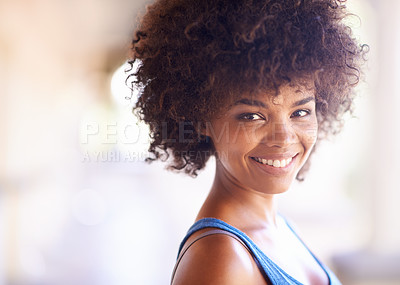 Buy stock photo Woman, portrait and happiness in fashion with bokeh, natural beauty or casual outfit in summer. African person, face or smile with afro hairstyle, wellness or trendy style with mockup space in Africa