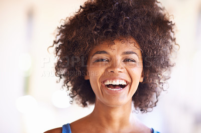 Buy stock photo Woman, portrait and laugh outdoors for humor, comedy and happy or satisfaction on college campus. Female person, university student and smile for funny joke, confidence and enjoyment in Brazil