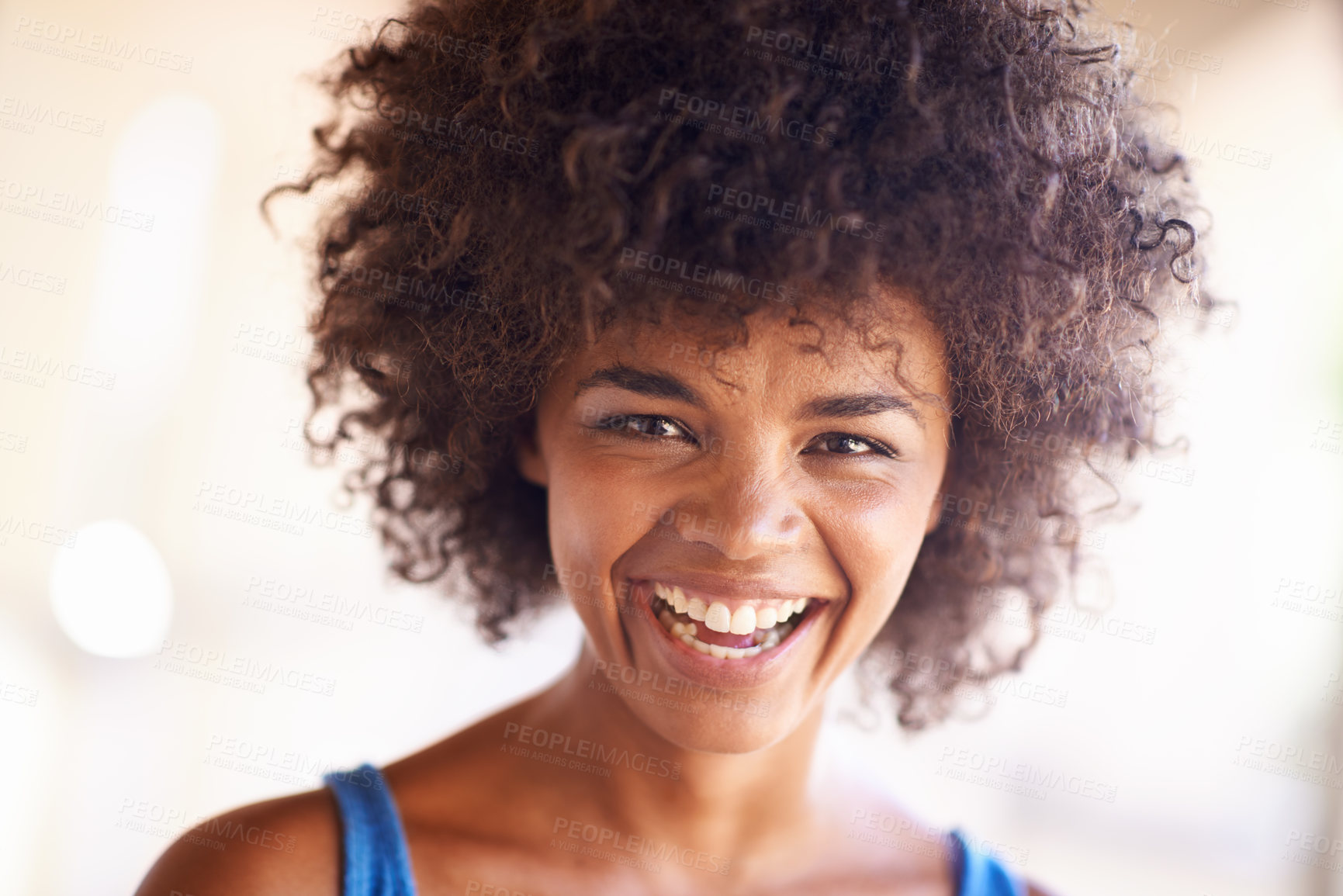 Buy stock photo Woman, portrait and laughing outdoors for joke, comedy and happy or satisfaction on college campus. Female person, university student and smile for funny humor, confident and enjoyment in Brazil