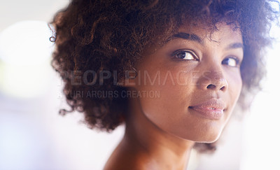 Buy stock photo Confident, portrait and black woman with natural beauty or glow on skin from dermatology. African, girl and relax with healthy skincare on face or hair care from cosmetics in banner with mockup space
