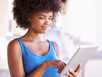 Buy stock photo Woman, tablet and student outdoors for search, smile and browse social media or app for communication. Female person, networking and internet for e learning, education and university website to learn