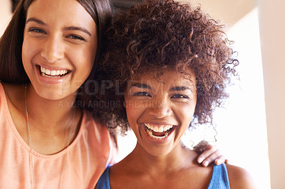 Buy stock photo Friends, women and portrait with hug or laughing outdoor for support, relax and funny joke on summer holiday. People, face and happy with comic gossip or embrace on vacation with travel and break 