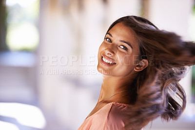 Buy stock photo Portrait, hair or woman in a city for beauty, cosmetics or salon treatment, shine or treatment. Happy, face and female client outdoor with haircare, shampoo or keratin, growth or texture satisfaction