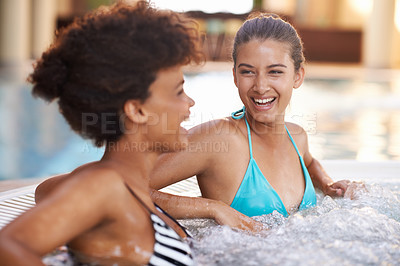 Buy stock photo Happy woman, relax and laughing with friends in jacuzzi at hotel, resort or hot tub spa together. Face of female person or people with smile for fun bonding, relaxation or hospitality in warm pool