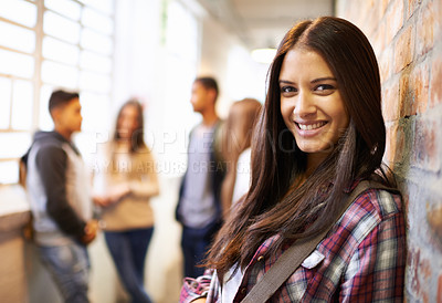 Buy stock photo Learning, smile and portrait of woman in college hallway for studying, education and scholarship. Future, happy and knowledge with student leaning on brick wall for university, break on campus