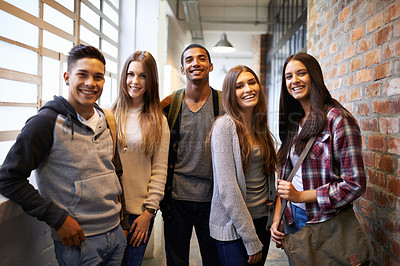 Buy stock photo Cropped portrait of a group of university students on campus