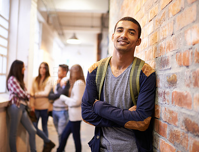 Buy stock photo University, education and portrait of man with crossed arms ready for college, class and learning. Scholarship, happy and face of male student in hallway with friends for school, academy and campus