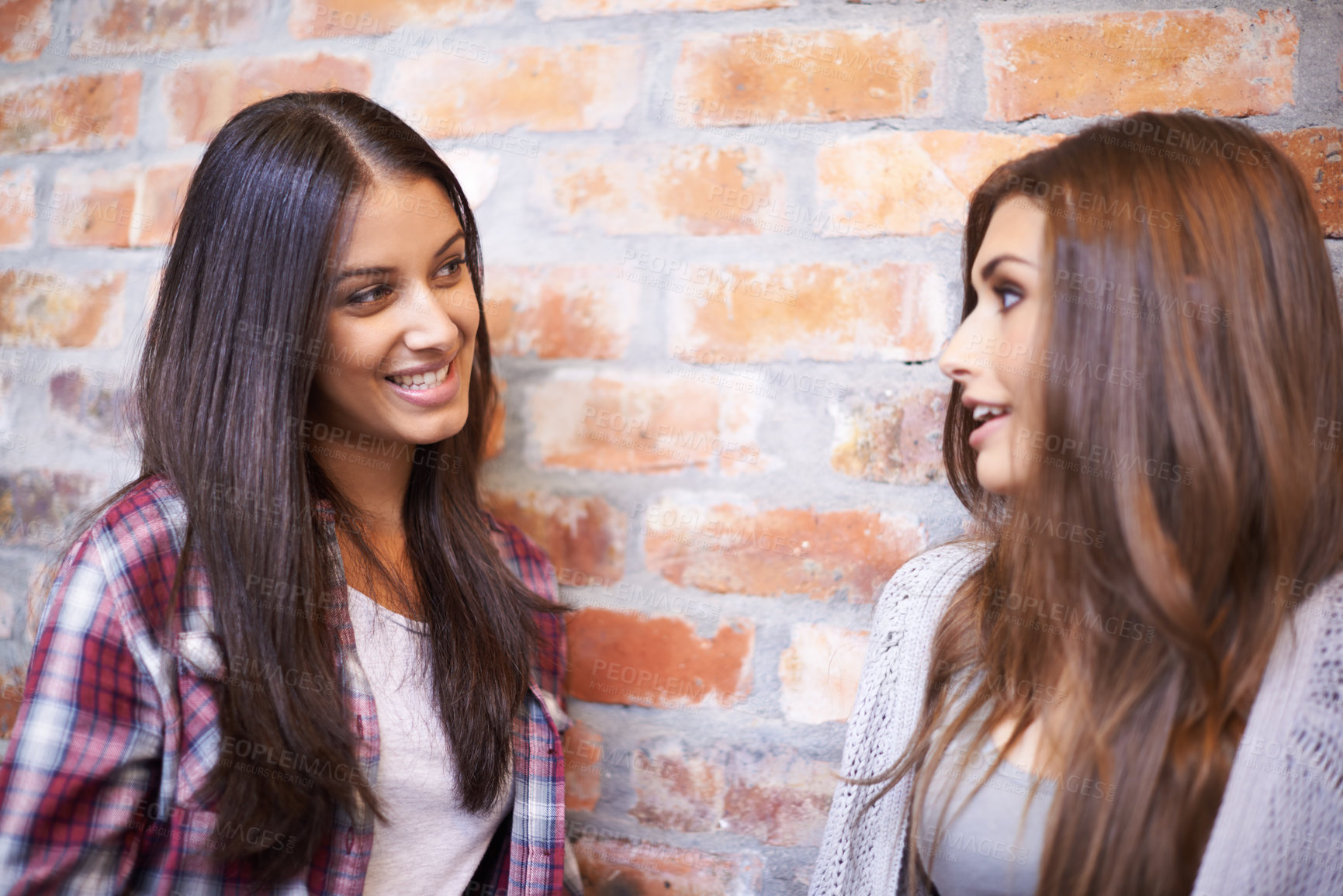 Buy stock photo Communication, friends and women in university in conversation, talking and chatting for class on campus. Education, college and female students in corridor for knowledge, learning and friendship