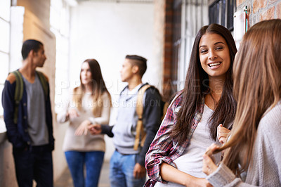 Buy stock photo Girl friends, university and hallway people talking with happiness, bonding or discussion together. Teenager, college or school communication of young gen z students on campus for education and class