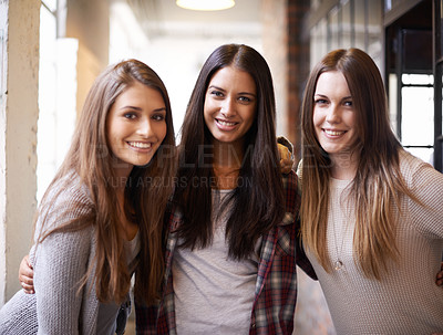 Buy stock photo University, education and portrait of women with smile ready for studying, class and learning together. Friendship, scholarship and happy female students in school, academy and college hallway