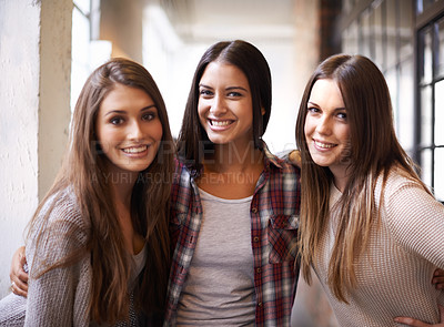Buy stock photo Education, college and portrait of women with smile for studying, class and learning together on campus. Friendship, scholarship and happy female students in school, academy and university hallway
