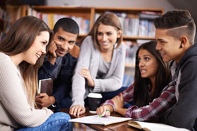 Buy stock photo Group, students or brainstorming for project in library or diversity for knowledge in university. Friends, learning or collaboration for assignment or writing in books for problem solving in college