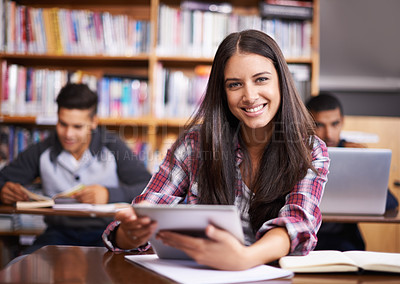 Buy stock photo University, tablet and portrait of woman in library for online research, studying and learning. Education, academy and happy female student on digital tech for knowledge, internet and website course